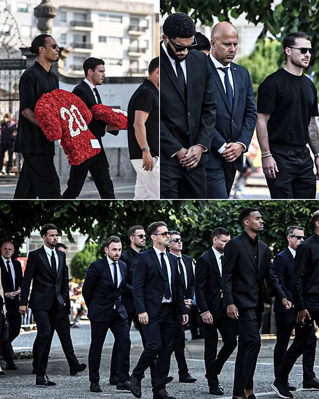 5일 포르투갈에서 열린 조타의 장례식에 참석한 리버풀 선수단. 반 다이크(왼쪽 위)는 조타의 등번호 20이 적힌 꽃을 들고 장례식에 참석했다. 사진=ESPN