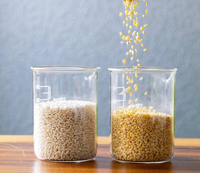 한영석만의 특징을 가진 누룩의 원료가 되는 찹쌀과 녹두. 장진영 기자