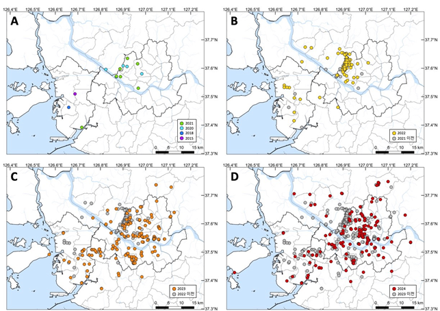 연도별 붉은등우단털파리 출현 지역. A는 2021년 이전, B는 2022년, C는 2023년, D는 2024년 분포. 환경부 국립생물자원관 제공