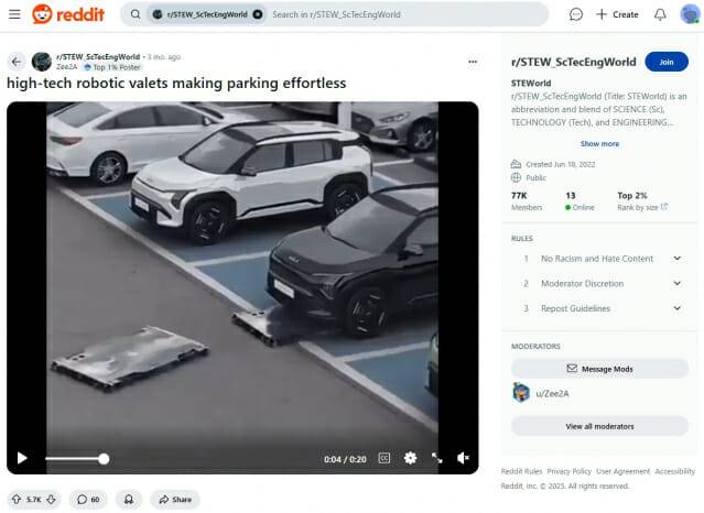 미국 웹 커뮤니티 레딧(reddit)에 공유된 발레 파킹 기술PR 영상