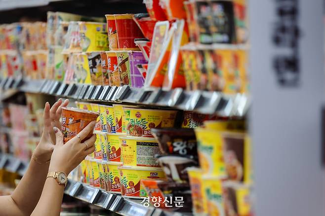 통계청이 ‘6월 소비자물가동향’을 발표한 2일 서울 시내의 한 대형마트를 찾은 사람들이 물건을 고르고 있다. 통계청은 빌표에서 가공식품 물가가 지난해 같은 달보다 4.6% 올랐다고 발표했다. 2025.7.2 이준헌 기자