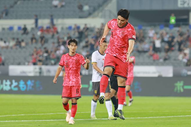 7일 경기도 용인미르스타디움에서 열린 2025 동아시아축구연맹(EAFF) E-1 풋볼 챔피언십(동아시안컵) 1차전 중국과 경기에서 전반 20분 골을 넣고 세레머니하는 주민규