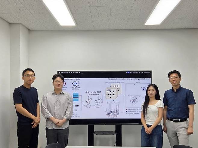 (왼쪽부터) 생명화학공학과 김현욱 교수, 정해덕 박사과정, 임진아 박사과정, 김유식 교수. KAIST 제공