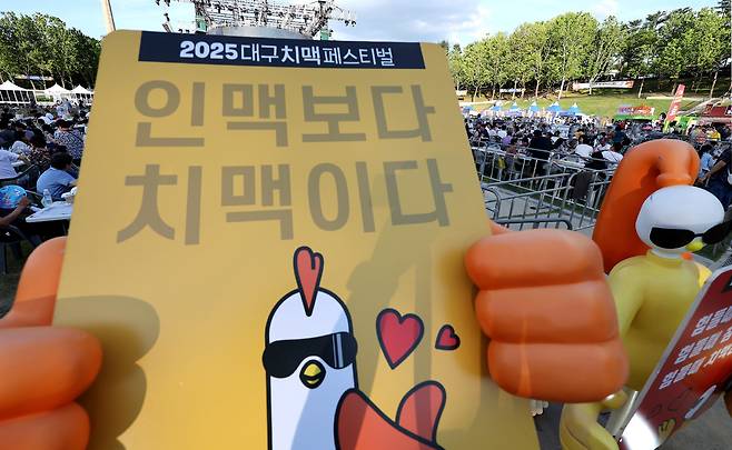 지난 2일 대구 달서구 두류공원 2.28 자유광장에서 열린 ‘2025 대구 치맥페스티벌’을 찾은 방문객들이 시원한 맥주와 치킨으로 축제를 즐기고 있다. 뉴시스