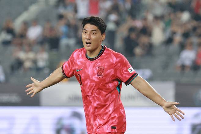 7일 경기도 용인미르스타디움에서 열린 2025년 동아시아축구연맹(EAFF) E-1 챔피언십(동아시안컵) 남자부 한국과 중국의 경기. 한국 주민규가 팀 두번째 골을 넣고 세리머니하고 있다. 사진=연합뉴스