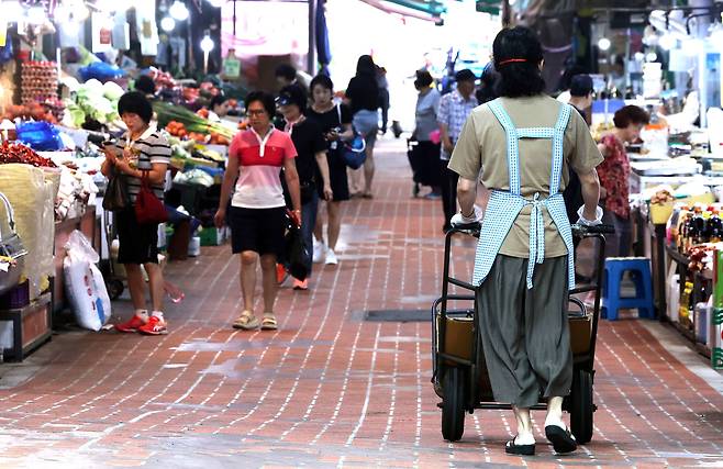 정부는 내수 시장의 침체를 살리기 위해 약 32조원 규모의 추가경정예산 편성 등 적극적인 재정지출확대 정책을 쓰고 있다. 사진은 지난 7월 3일 오전 서울 서대문구 인왕시장에서 시민들이 장을 보고 있는 모습./뉴스1