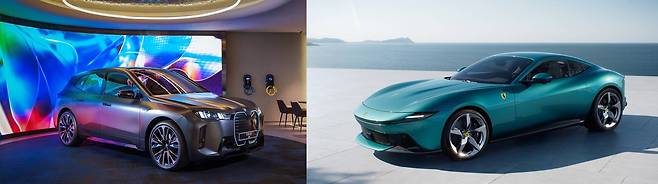 BMW 뉴 iX(왼쪽)와 페라리 아말피 / 출처=각사
