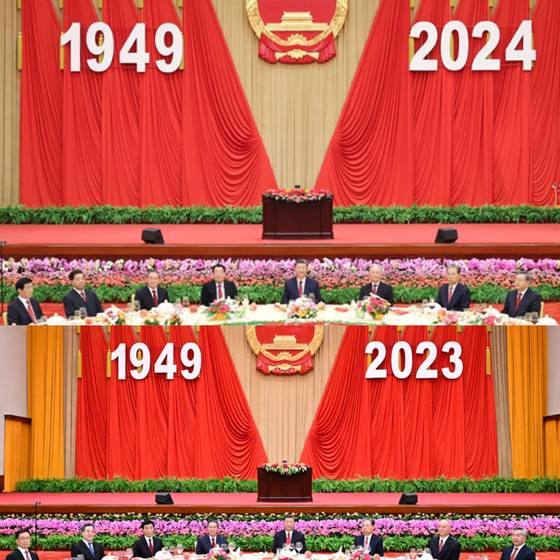 지난 2024년 9월 30일 인민대회당 연회청에서 열린 중화인민공화국 성립 75주년 기념 리셉션에서 과거와 달리 메인 테이블에 은퇴한 원로가 현직 상무위원과 번갈아 앉았다.(사진 위) 왼쪽부터 왕후닝, 자칭린, 리창, 리루이환, 시진핑, 원자바오, 자오러지, 장더장. 이밖에도 은퇴한 상무위원인 위정성, 리잔수, 왕양, 리란칭, 쩡칭훙, 우관정, 리창춘, 허궈창, 류윈산, 왕치산, 장가오리 등이 배석했다. 사진 아래 지난 2023년 국경절 리셉션 당시에는 현직 상무위원만 권력 서열 순서로 시 주석 주위에 배석했다. 신화=연합뉴스