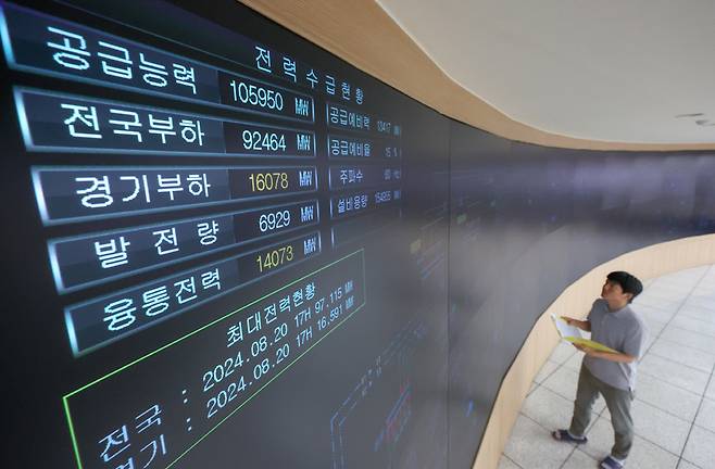 폭염특보가 내려진 8일 한국전력공사 관계자가 경기 수원시 영통구 한전 경기본부 전력관리처 계통운영센터에서 전력수급 상황판을 주시하고 있다. 연합뉴스