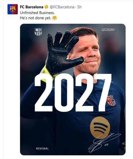 슈쳉스니와 계약 연장 소식을 전한 바르셀로나