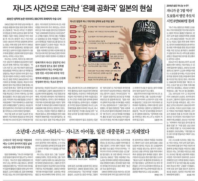 일본 연예계 거물 자니 기타가와의 미성년 성착취 사실이 사망 이후에야 밝혀진 데 대해 보도한 조선일보는 2023년 9월 12일자. ‘자니즈 사건으로 드러난 ‘은폐 공화국’ 일본의 현실’을 주제로 보도했다.