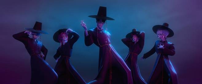 ‘케이팝 데몬 헌터스’ 속 보이그룹 사자 보이즈. 넷플릭스 제공