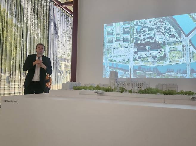 Landscape architect Bas Smets speaks on his projects on Saturday at the exhibition "Climates of Landscapes" at LUMA Arles in Arles, France. (Park Yuna/The Korea Herald)