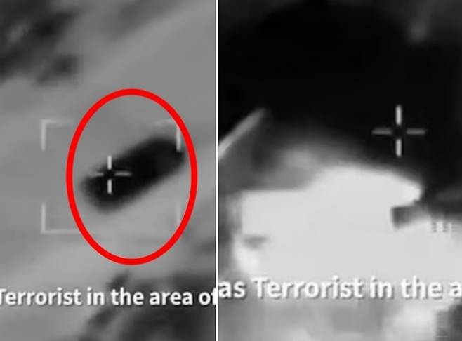 이스라엘군이 이날 레바논 북부 트리폴리 인근을 공격해 하마스의 레바논 지부 핵심 지휘관인 메흐란 무스타파 바주르를 암살했다. 사진은 바주르가 탑승한 차가 폭격을 받고 폭발하는 모습. 이스라엘군 제공 영상 캡처