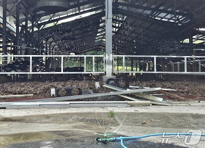 산청군의 한 젖소 농장에 설치된 스프링쿨러. 2025.7.8/뉴스1 한송학기자