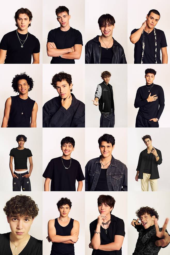 Profile images of the 16 contestants featured in Hybe’s new reality audition series "Santos Bravos," which aims to launch a Latin American boy band in August. (Hybe Latin America)