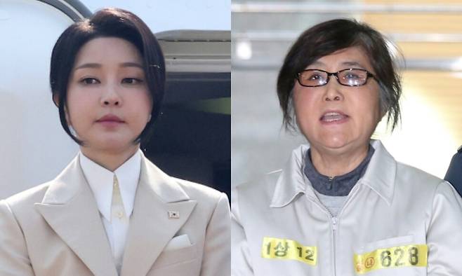 (왼쪽) 2014년 6월10일 중앙아시아 3개국을 국빈 방문하는 윤석열 전 대통령 부인 김건희씨가 경기 성남시 서울공항에서 공군 1호기 탑승 전 인사하고 있다. 오른쪽은 2017년 1월25일 특검 소환에 불응하다 체포영장이 발부돼 강제소환된 최순실씨가 서울 대치동 특검에 들어서며 고함을 치는 모습. 대통령실사진기자단, 김정효 기자 hyopd@hani.co.kr