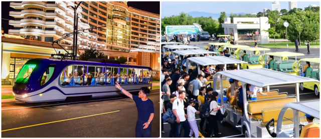 갈마지구 내의 이동 수단인 트램(왼쪽)과 축전지차. 노동신문·뉴스1