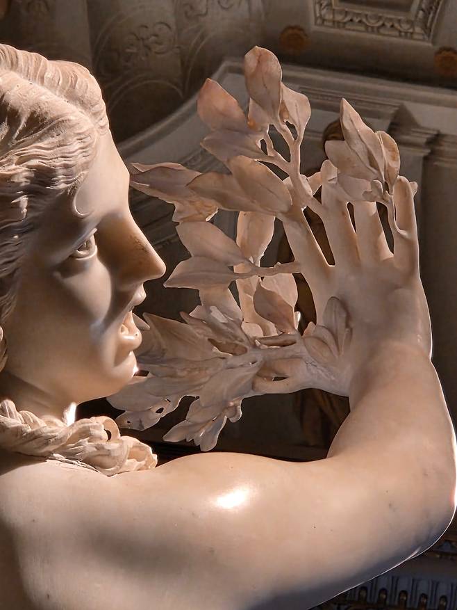 손 끝에서 나뭇잎이 돋아나며 다프네는 나무로 변하기 시작했다. ⓒ최은진/보르게세 미술관