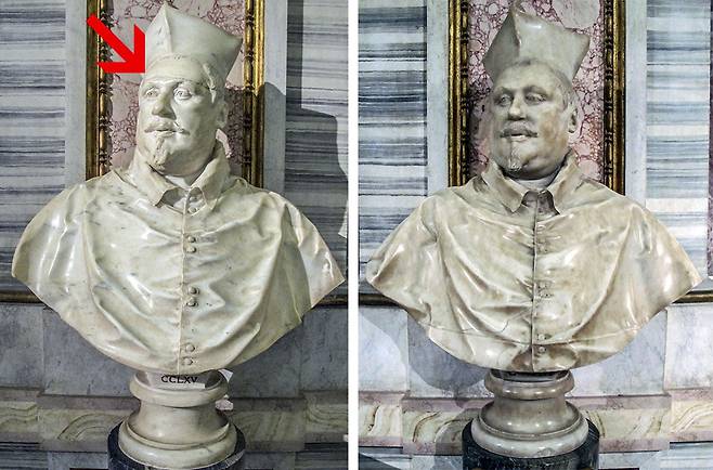 보르게세 추기경 흉상의 첫 번째 버전(왼쪽)과 두 번째 버전(오른쪽). 빨간색 화살표가 가리키는 부분에 금이 가 있다.