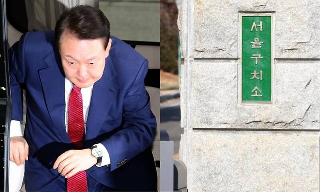 윤석열 전 대통령이 지난 5일 오전 2차 특검조사를 받기 위해 특검 사무실이 있는 서울 서초동 서울고등검찰청으로 출석하고 있다. 오른쪽은 서울구치소 정문. 공동취재사진, 연합뉴스