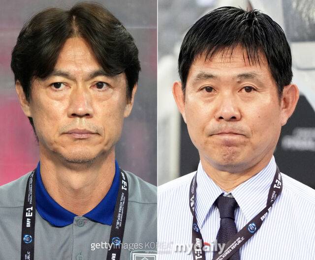 홍명보 감독(왼쪽)과 일본의 모리야스 하지메 감독. /게티이미지코리아