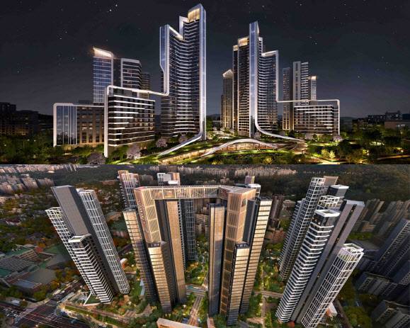 서울 강남구 일원동 개포우성7차 재건축 조합에 제시한 삼성물산 ‘래미안 루미원(위)’과 대우건설 ‘써밋 프라니티’ 조감도.(사진=각 사)