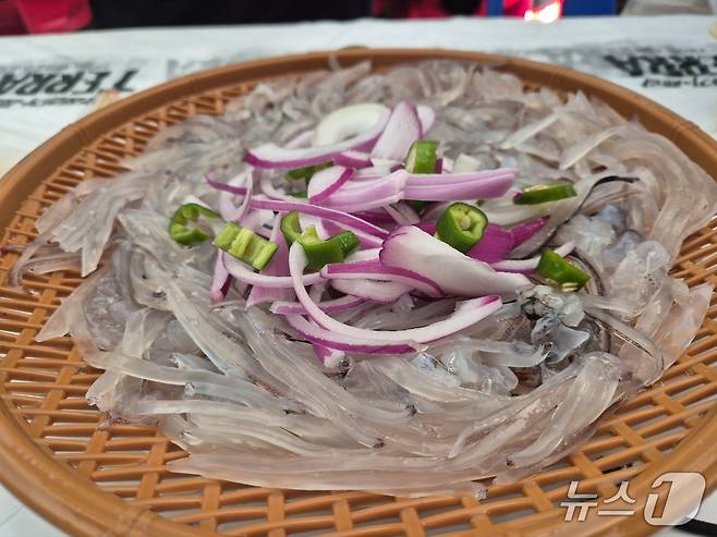 강원 속초 포장마차촌 '오징어 난전'에서 판매하는 오징어회. 지난 11일 기준 오징어난전에선 오징어 활어가 2마리 5만 원에 팔리고 있었다. 2025.7.13/뉴스1 윤왕근 기자