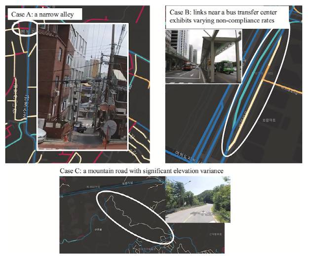 카카오내비는 복잡한 골목길(Case A), 버스 환승센터 부근(Case B), 산간도로(Case C) 등 기존 내비게이션에서 자동으로 반영하지 못한 불편 구간을 실시간 경로 탐색에 반영함