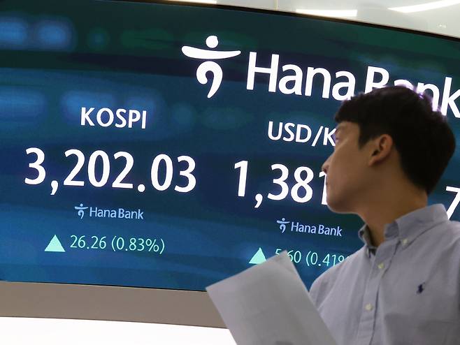 14일 오후 서울 중구 하나은행 본점 딜링룸 전광판에 증시 종가가 표시되고 있다. /뉴스1