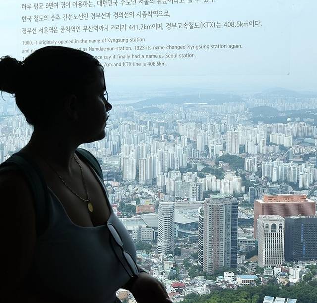 한 외국인 관광객이 14일 서울 시내 아파트단지 전경을 살펴보고 있다.