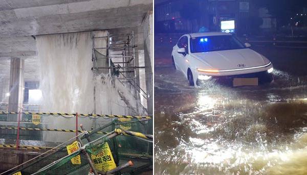 지난 13일 밤부터 14일 새벽까지 부산 경남에 폭우가 쏟아져 피해가 잇따랐다. 14일 새벽 부산 사상구 괘법동 부산도시철도 사상~하단선 공사 구간에 빗물이 쏟아지는 모습(왼쪽 사진)과 지난 13일 밤 침수된 괘법동 도로. 부산소방재난본부 제공