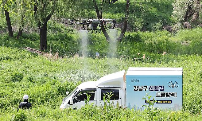 강남구보건소 질병관리과 감염병대응팀이 14일 서울 강남구 양재천에서 모기 퇴치 작업을 하고 있다. 이제원 선임기자