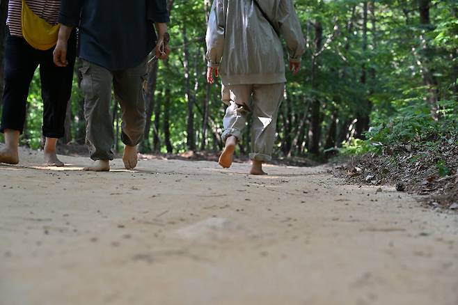 울산 중구 황방산이 맨발 걷기 좋은 산으로 알려지면서 관광객들의 방문이 잇따르고 있다. 중구청 제공