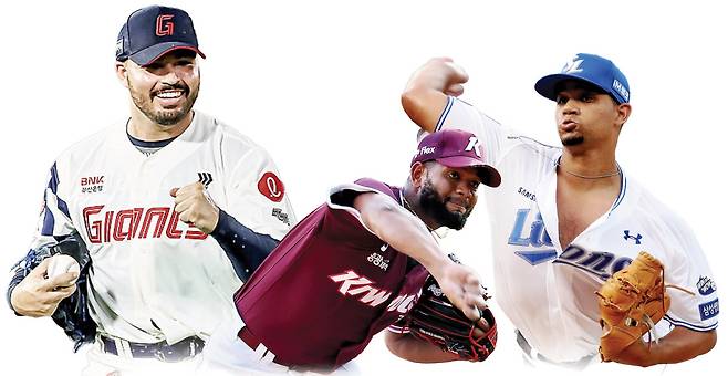 롯데 감보아·키움 알칸타라·삼성 가라비토(왼쪽부터). 연합뉴스·롯데 자이언츠 제공
