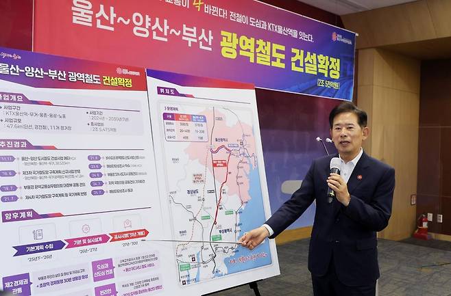 안효대 울산시 경제부시장이 10일 울산시청 프레스센터에서 기자회견을 열고 ‘부산∼양산∼울산 광역철도’ 건설 사업이 예비타당성 조사를 최종 통과했다고 밝히고 있다. 울산시 제공