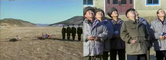 김정은 북한 국무위원장이 김정일 국방위원장 사망 한 달여 만인 2012년 1월 27일 군 수뇌부와 서부지구항공구락부를 방문해 무인항공기 시범을 참관하고 개발을 독려했다. 조선중앙TV 캡처, 연합뉴스