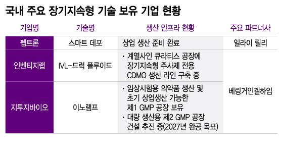 국내 주요 장기지속형 기술 보유 기업 현황/디자인=이지혜