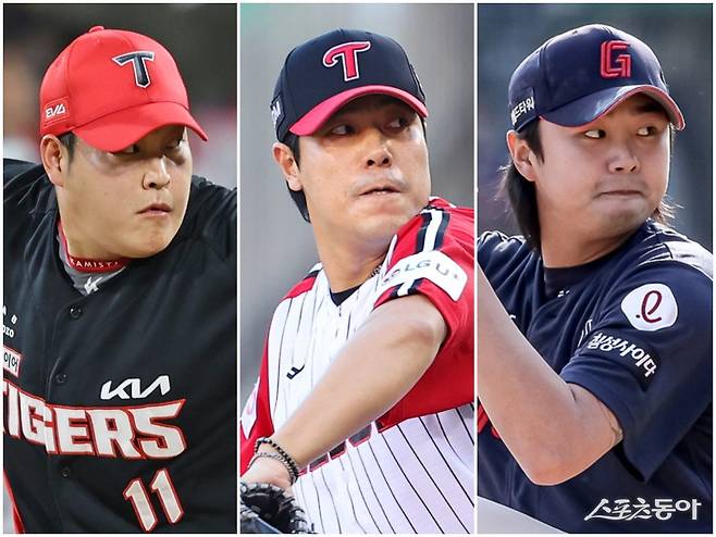 KIA 조상우, LG 김진성, 롯데 정철원(왼쪽부터)이 홀드 부문 선두를 다투고 있다. 이들 3명 중에서 2019년 넥센 시절의 김상수가 기록한 역대 한 시즌 최다 40홀드를 깰 주인공이 나올지 주목된다. 사진제공|KIA 타이거즈·LG 트윈스·롯데 자이언츠