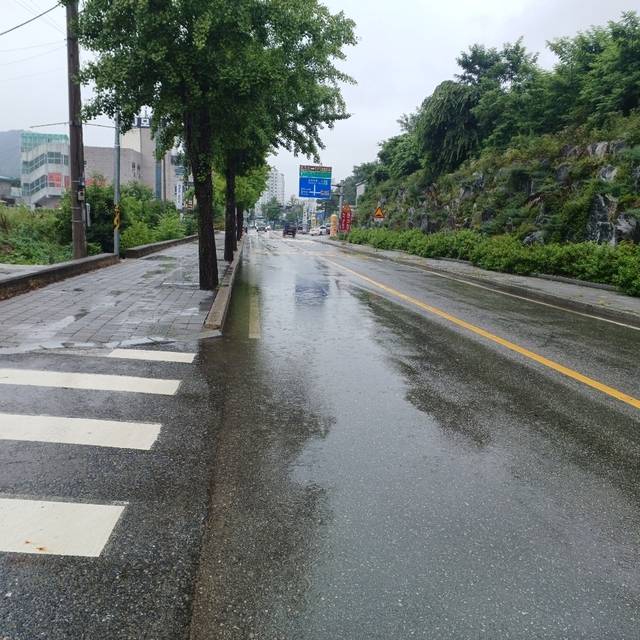 무주읍 소재 도로 곳곳에 빠지는 물보다 노면 위에 남아 있는 빗물이 더 많다/사진=주민 제공