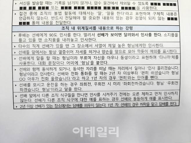 경찰이 파악한 진성파 행동강령. (사진=김윤정 기자)