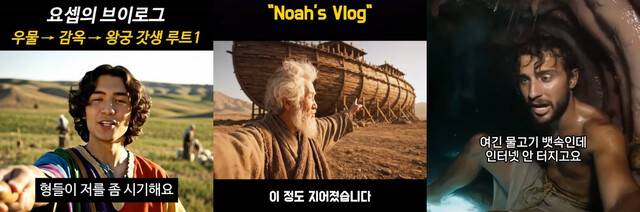 채색옷을 입은 요셉이 브이로그를 촬영하는 것을 표현한 인공지능(AI) 영상. 노아가 자신이 만든 방주를 설명하는 걸 묘사한 모습. 요나가 큰 물고기 뱃속에서 브이로그하는 걸 패러디한 콘텐츠(왼쪽 사진부터). 인스타그램 캡처
