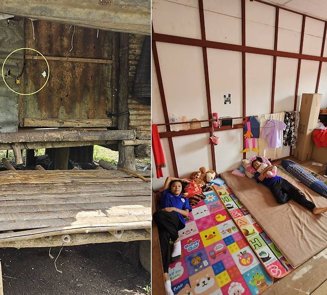 15일 미얀마 접경지역인 태국 매솟의 한 난민학교 학생 가정 방문 중 목격한 자물쇠로 잠긴 다른 가정의 모습(왼쪽 사진 원 안)과 같은 날 미얀마 학생이 매솟의 체디코 난민학교에 마련된 기숙사에서 누워있는 모습