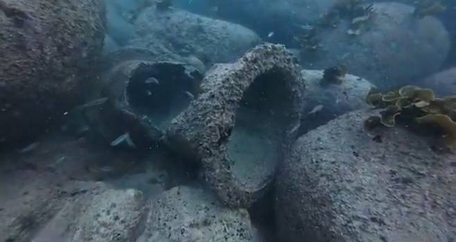바다에 버려진 노후 취수관. 파란 제공