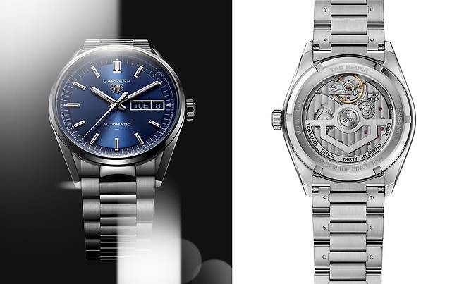 태그호이어 까레라 데이 데이트 모델. 시간 기능과 실용적인 요일∙날짜 기능이 있다. 국내에서 많은 사랑을 받는 제품으로, 지름 41㎜의 스틸 케이스에 TH31-02 매뉴팩처 무브먼트를 탑재했다. 사진 태그호이어