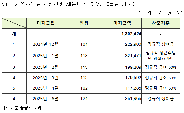 ▲속초의료원 임금 체불 현황 (2024년 12월 ~ 2025년 6월 기준). 강정호 도의원 제공