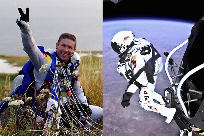 스카이다이버 펠릭스 바움가트너 자료사진. 오른쪽은 2012년 초음속 낙하 당시 바움가트너의 모습. 로이터 연합뉴스