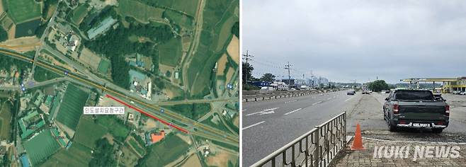 국도 34호선 당진~삽교호 방향 금천리 교차로 부근으로 신평중·고교 진출입로 본선이 근접해 사고 위험이 가장 높으며 이 지점을 통해 학생들이 통학로로 이용하고 있다. 사진=이은성 기자