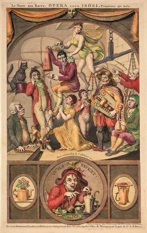 사탕무 설탕을 개발 중인 아하르트(가운데 자주색 자켓))를 풍자한 그림.