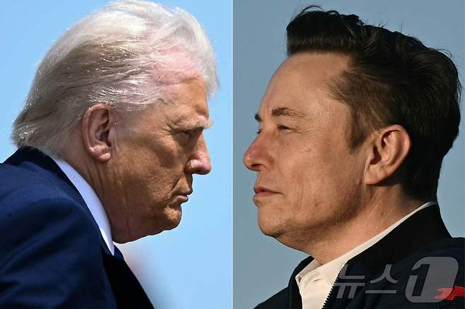 도널드 트럼프 미국 대통령이 2025년 5월 12일 메릴랜드의 앤드루스 합동기지에서 에어포스원에 탑승하는 모습(왼쪽)과 일론 머스크 테슬라 최고경영자가 2025년 3월 22일 뉴저지 모리스타운의 모리스타운 시립공항에 도착한 후 에어포스원에서 내리는 모습. 트럼프와 머스크의 예상 밖 정치적 동맹은 2025년 6월 5일 공개적으로 격렬한 결별로 끝났다. 2025.6.5 ⓒ AFP=뉴스1 ⓒ News1 강민경 기자